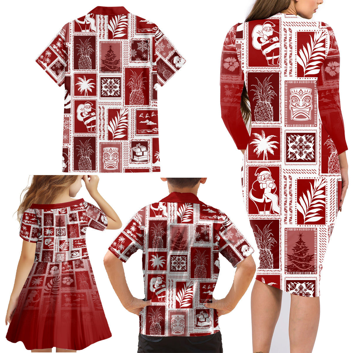 Hawaii Christmas Retro Patchwork Family Matching Long Sleeve Bodycon Dress and Hawaiian Shirt Red LT7 - Wonder Print Shop