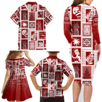 Hawaii Christmas Retro Patchwork Family Matching Long Sleeve Bodycon Dress and Hawaiian Shirt Red LT7 - Wonder Print Shop