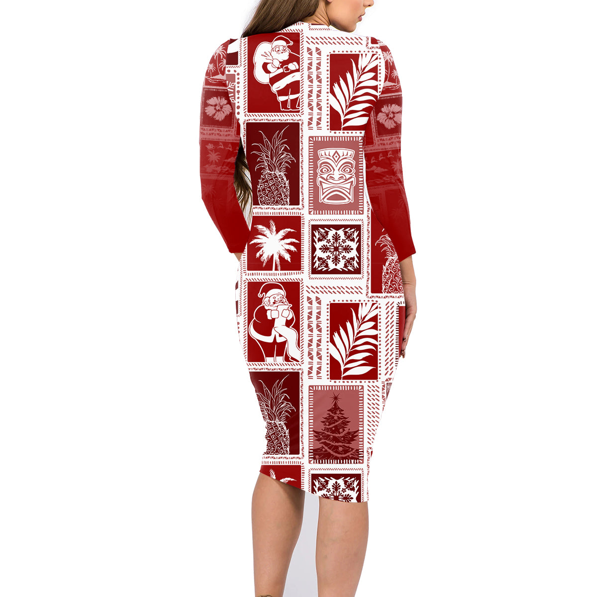 Hawaii Christmas Retro Patchwork Family Matching Long Sleeve Bodycon Dress and Hawaiian Shirt Red LT7 - Wonder Print Shop