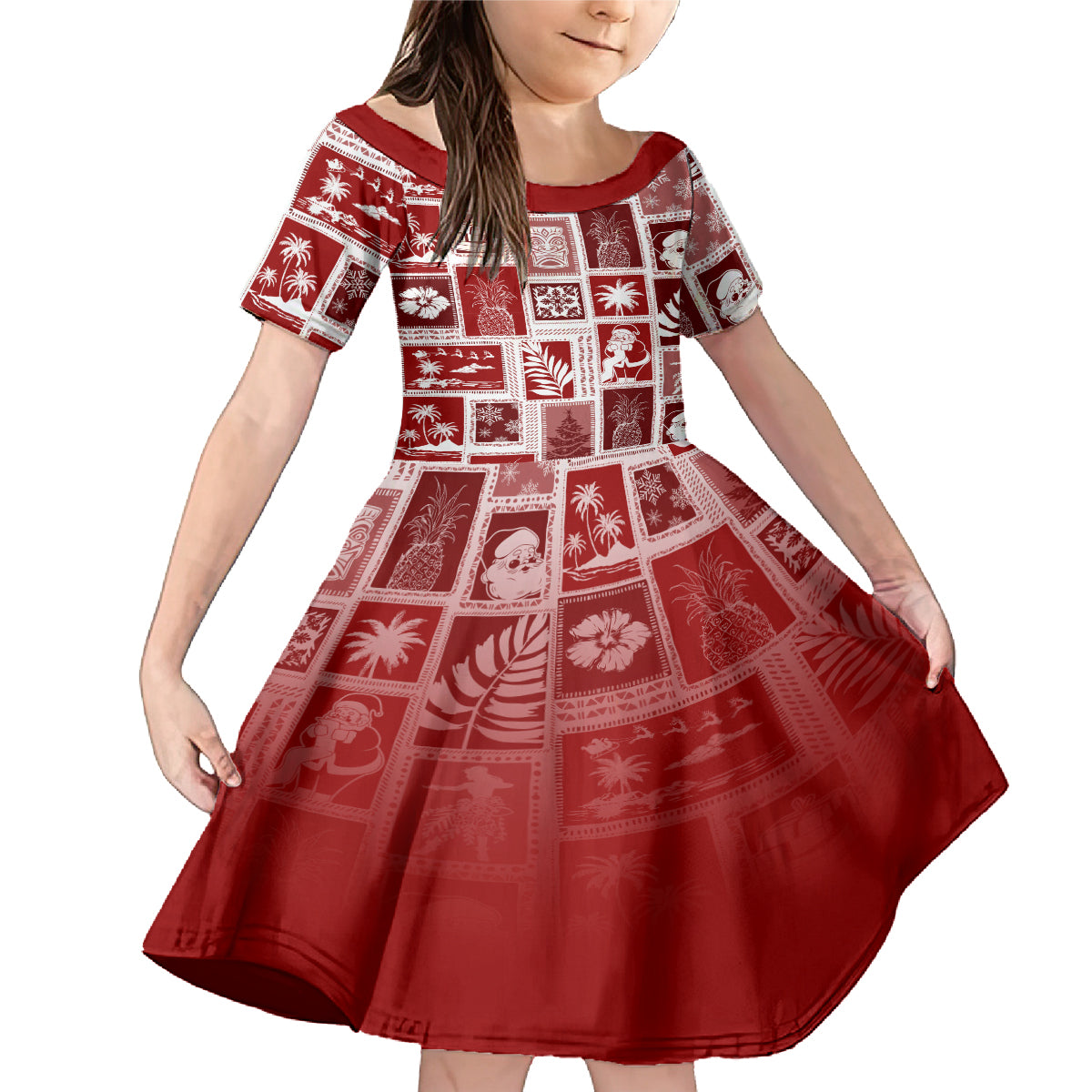 Hawaii Christmas Retro Patchwork Family Matching Mermaid Dress and Hawaiian Shirt Red LT7 - Wonder Print Shop