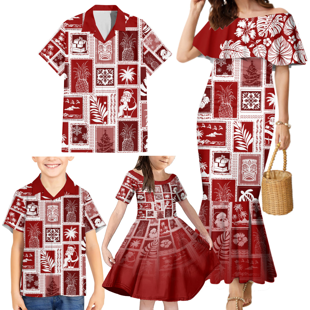 Hawaii Christmas Retro Patchwork Family Matching Mermaid Dress and Hawaiian Shirt Red LT7 - Wonder Print Shop