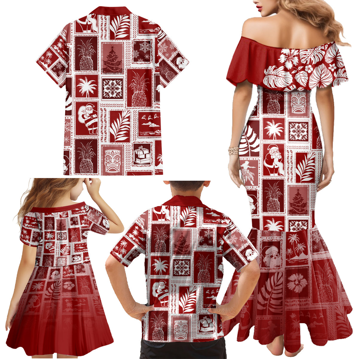 Hawaii Christmas Retro Patchwork Family Matching Mermaid Dress and Hawaiian Shirt Red LT7 - Wonder Print Shop
