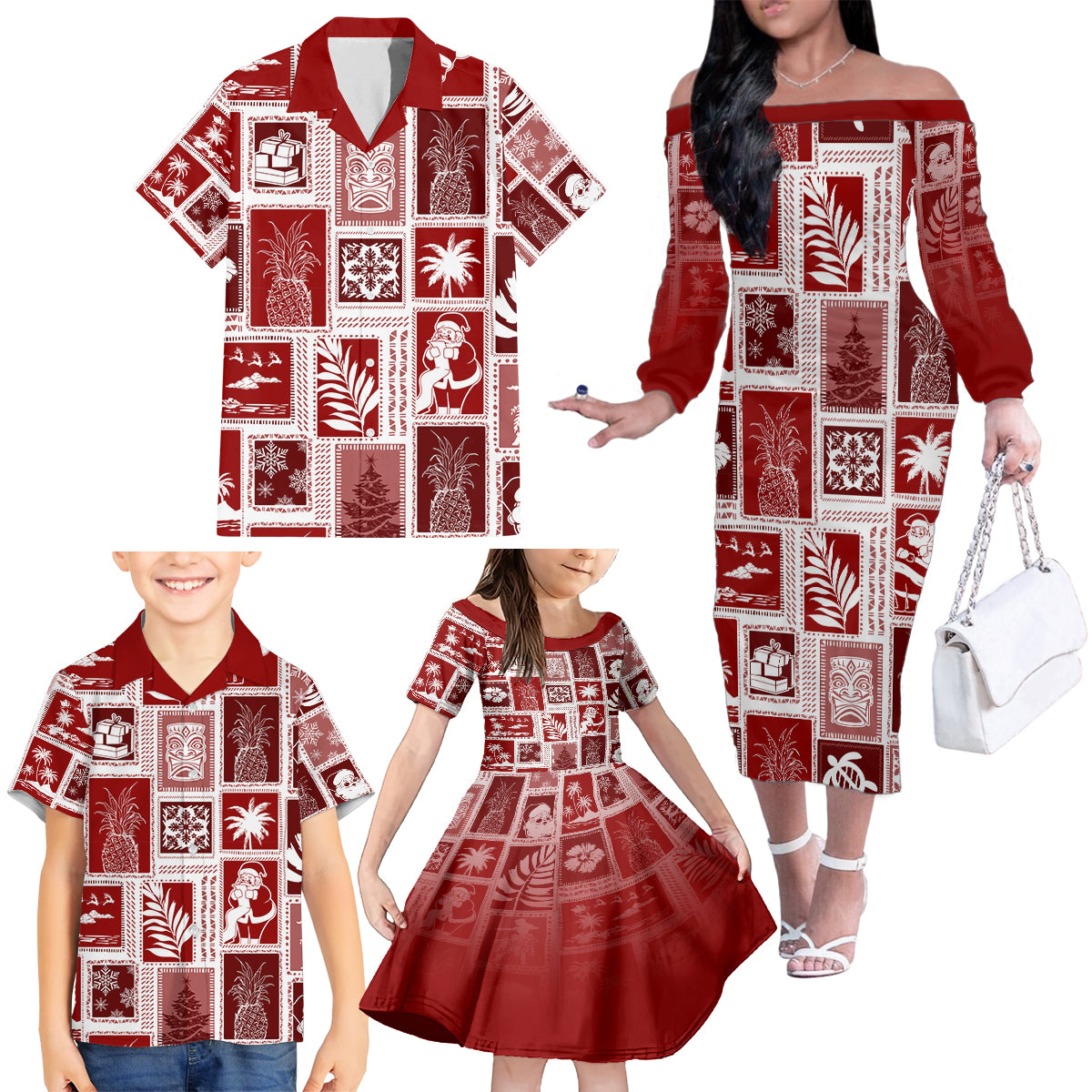 Hawaii Christmas Retro Patchwork Family Matching Off Shoulder Long Sleeve Dress and Hawaiian Shirt Red - Wonder Print Shop