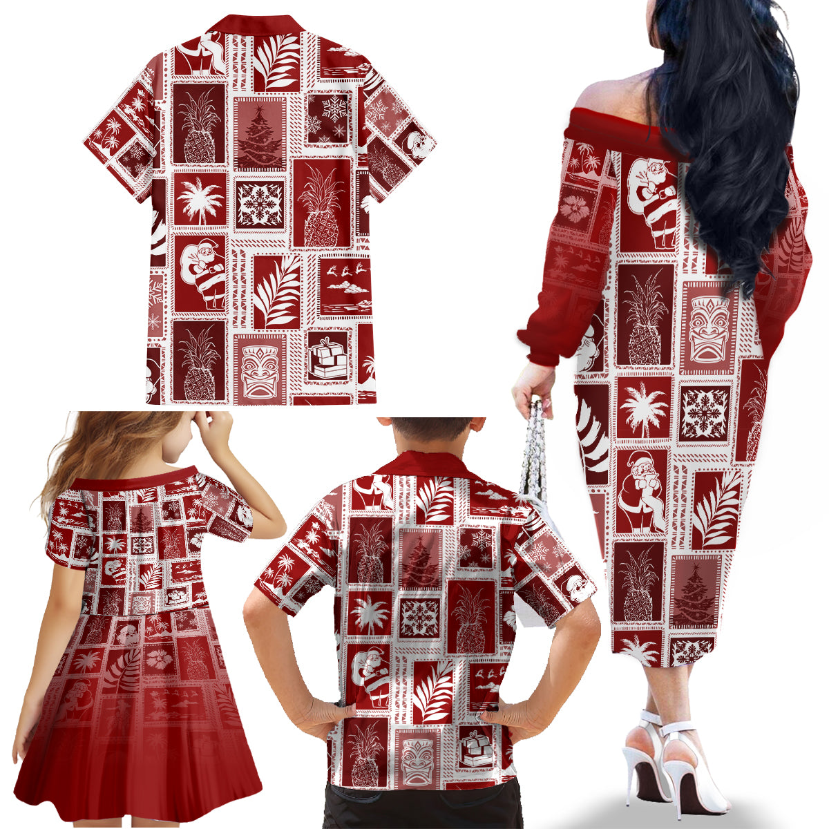 Hawaii Christmas Retro Patchwork Family Matching Off Shoulder Long Sleeve Dress and Hawaiian Shirt Red - Wonder Print Shop
