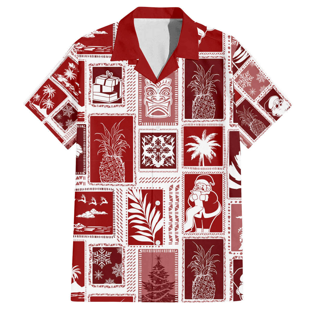 Hawaii Christmas Retro Patchwork Family Matching Off Shoulder Long Sleeve Dress and Hawaiian Shirt Red - Wonder Print Shop
