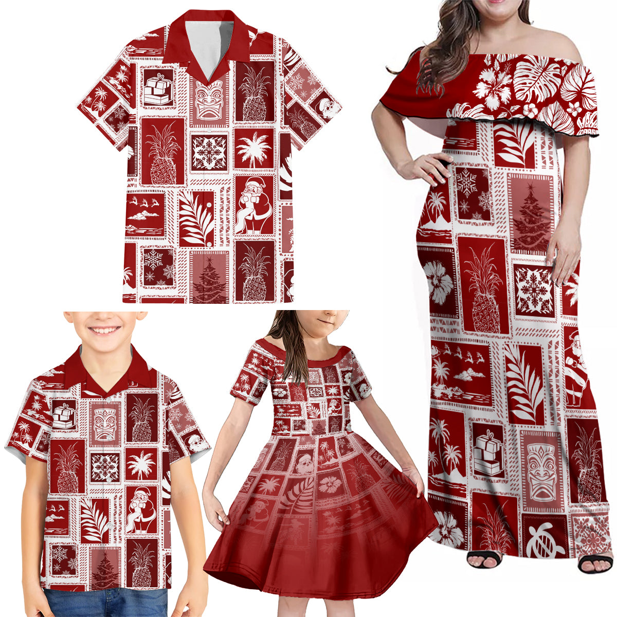Hawaii Christmas Retro Patchwork Family Matching Off Shoulder Maxi Dress and Hawaiian Shirt Red LT7 - Wonder Print Shop