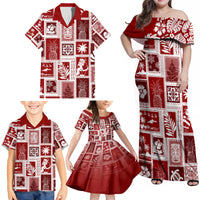 Hawaii Christmas Retro Patchwork Family Matching Off Shoulder Maxi Dress and Hawaiian Shirt Red LT7 - Wonder Print Shop