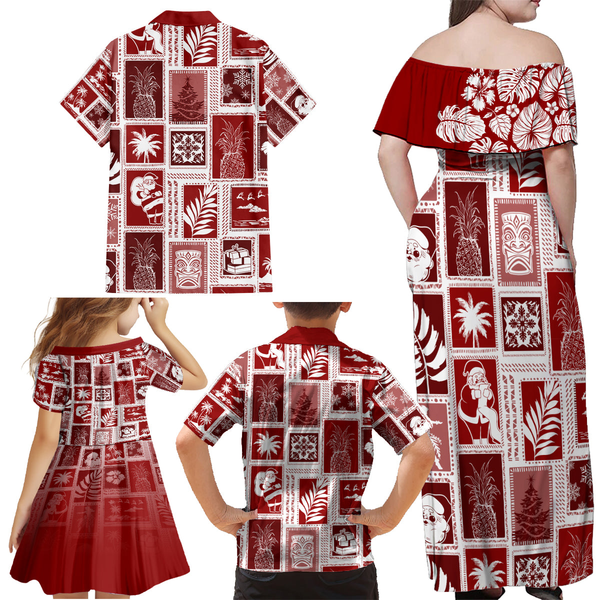 Hawaii Christmas Retro Patchwork Family Matching Off Shoulder Maxi Dress and Hawaiian Shirt Red LT7 - Wonder Print Shop