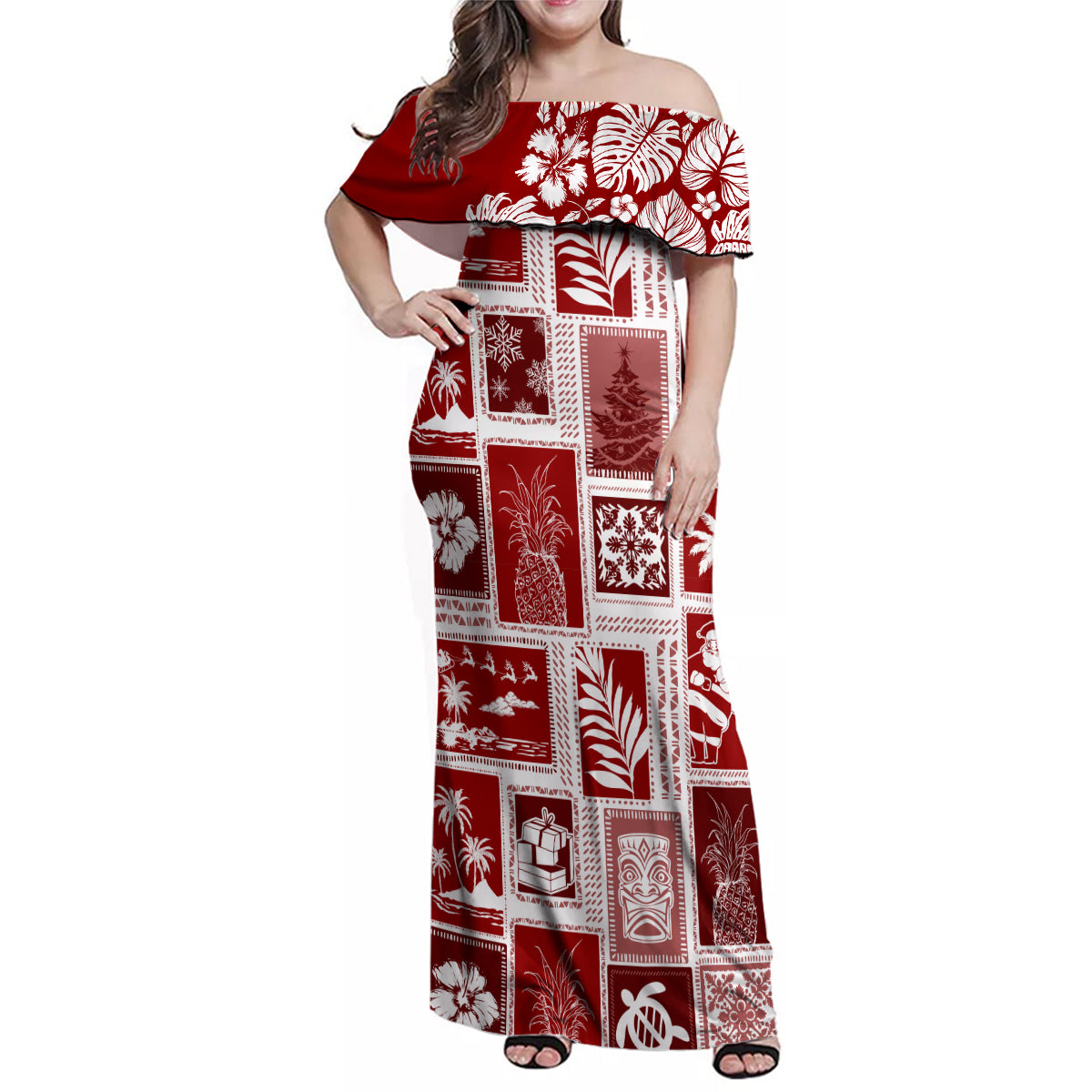 Hawaii Christmas Retro Patchwork Family Matching Off Shoulder Maxi Dress and Hawaiian Shirt Red LT7 - Wonder Print Shop