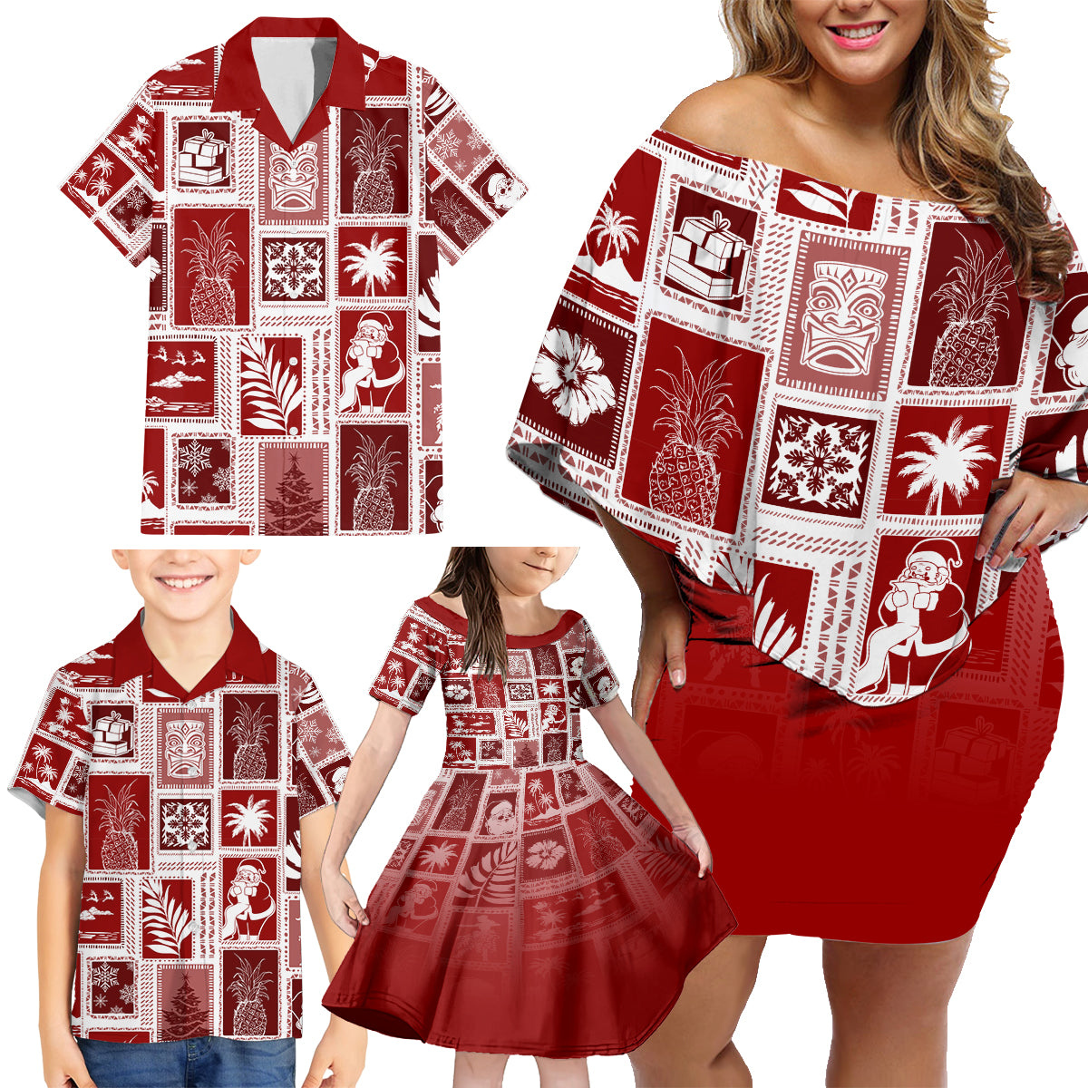 Hawaii Christmas Retro Patchwork Family Matching Off Shoulder Short Dress and Hawaiian Shirt Red LT7 - Wonder Print Shop