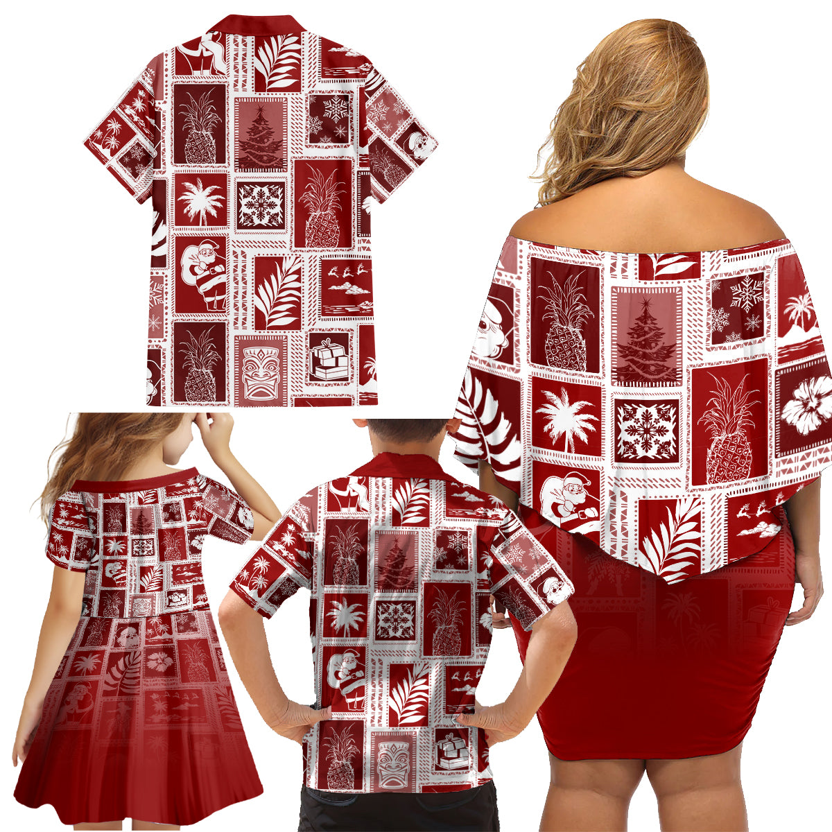 Hawaii Christmas Retro Patchwork Family Matching Off Shoulder Short Dress and Hawaiian Shirt Red LT7 - Wonder Print Shop