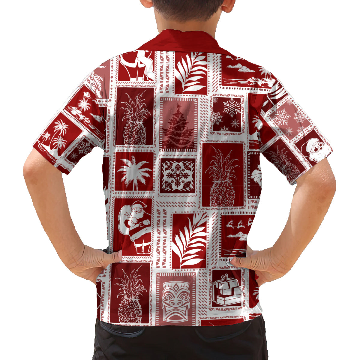 Hawaii Christmas Retro Patchwork Family Matching Puletasi Dress and Hawaiian Shirt Red - Wonder Print Shop