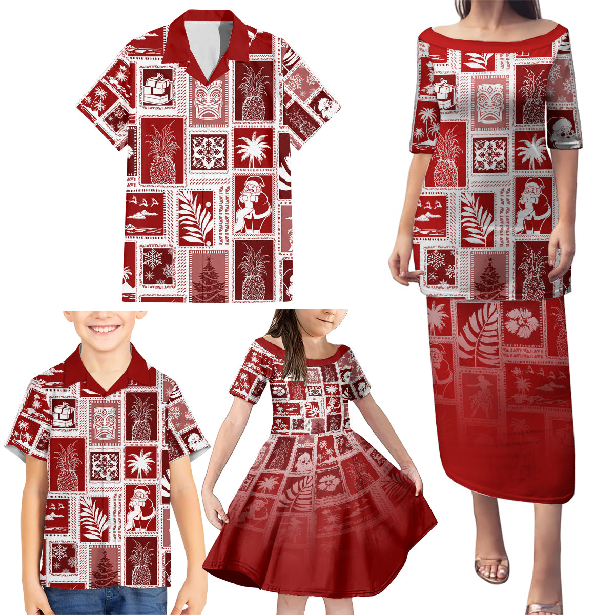 Hawaii Christmas Retro Patchwork Family Matching Puletasi Dress and Hawaiian Shirt Red - Wonder Print Shop