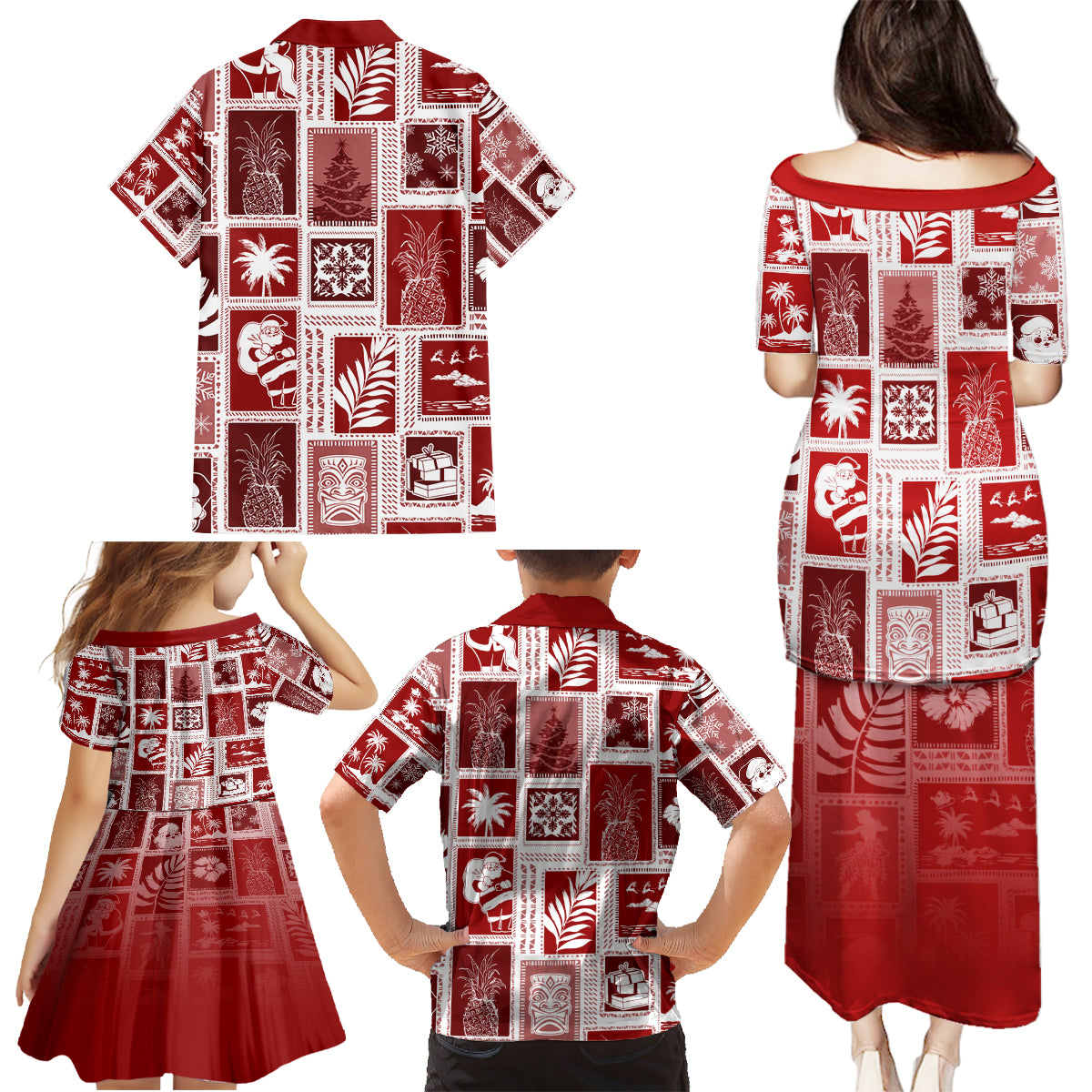 Hawaii Christmas Retro Patchwork Family Matching Puletasi Dress and Hawaiian Shirt Red - Wonder Print Shop