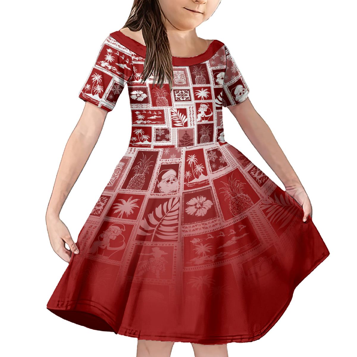 Hawaii Christmas Retro Patchwork Family Matching Short Sleeve Bodycon Dress and Hawaiian Shirt Red - Wonder Print Shop