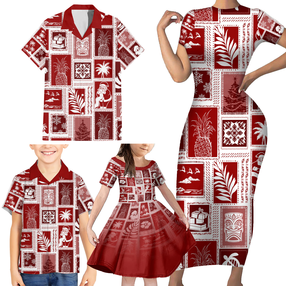 Hawaii Christmas Retro Patchwork Family Matching Short Sleeve Bodycon Dress and Hawaiian Shirt Red - Wonder Print Shop