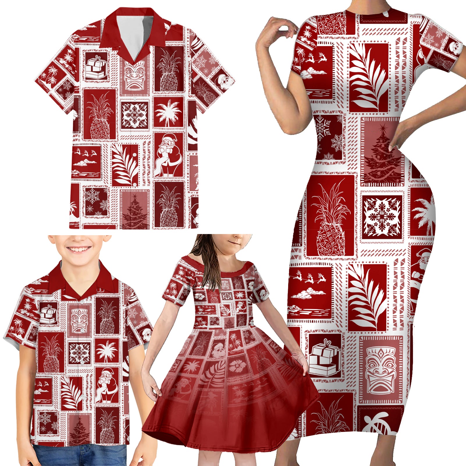Hawaii Christmas Retro Patchwork Family Matching Short Sleeve Bodycon Dress and Hawaiian Shirt Red - Wonder Print Shop