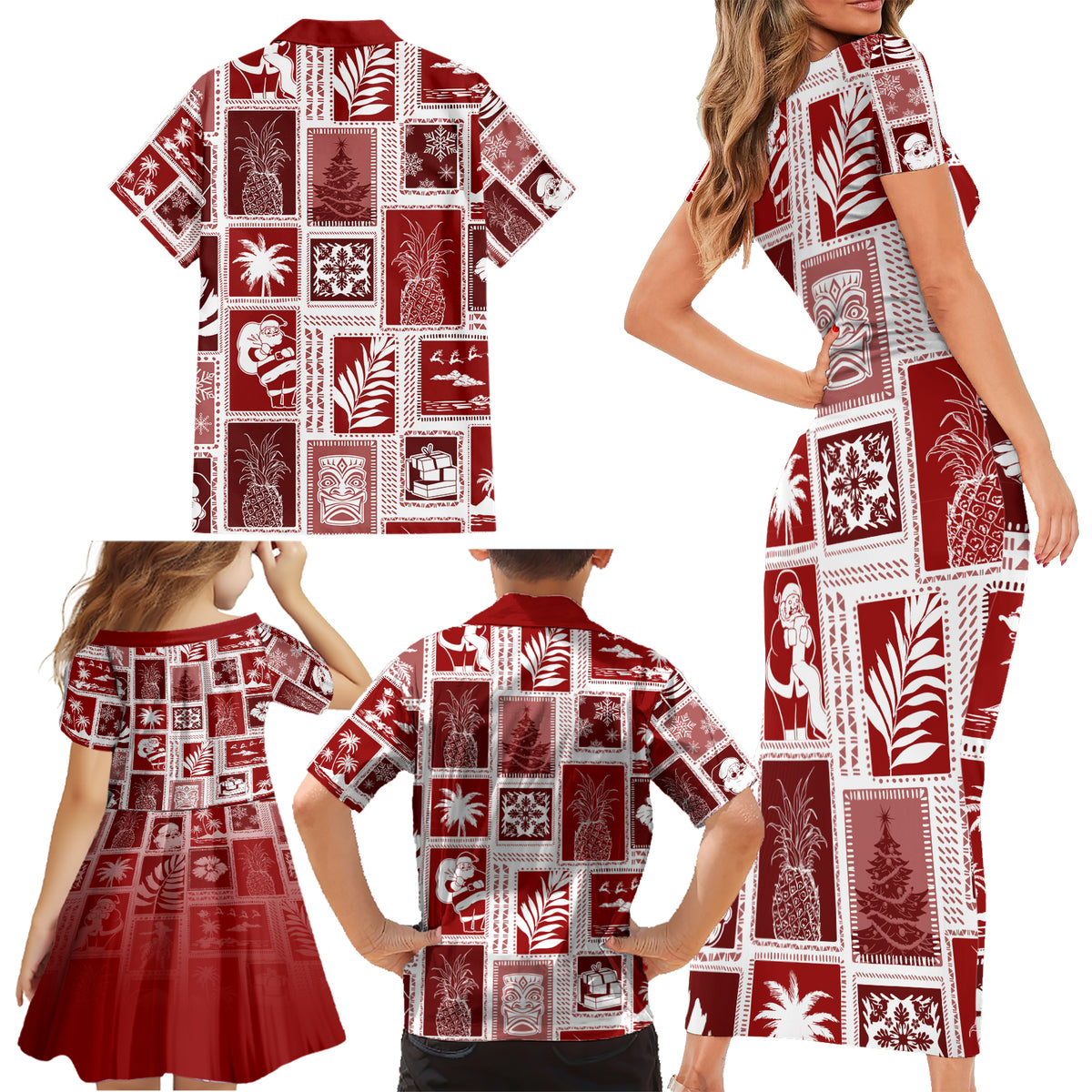 Hawaii Christmas Retro Patchwork Family Matching Short Sleeve Bodycon Dress and Hawaiian Shirt Red - Wonder Print Shop