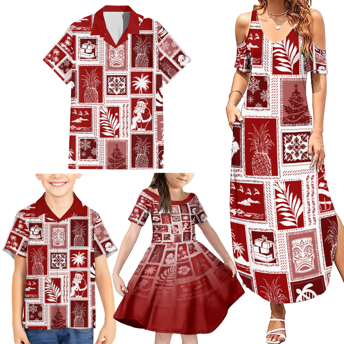 Hawaii Christmas Retro Patchwork Family Matching Summer Maxi Dress and Hawaiian Shirt Red - Wonder Print Shop