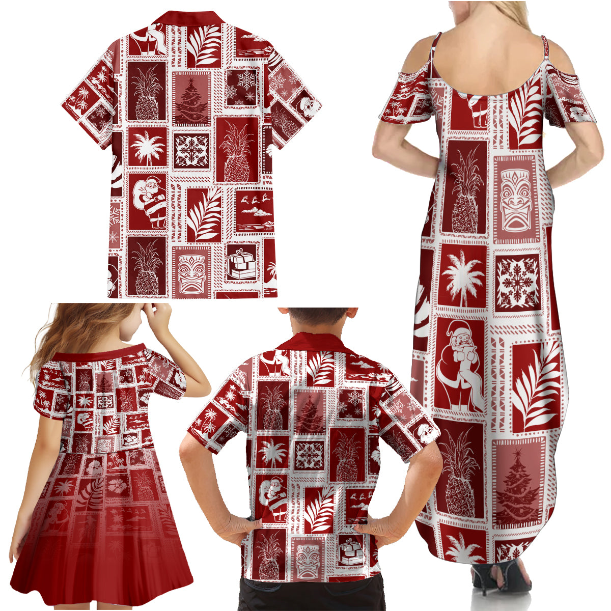 Hawaii Christmas Retro Patchwork Family Matching Summer Maxi Dress and Hawaiian Shirt Red - Wonder Print Shop