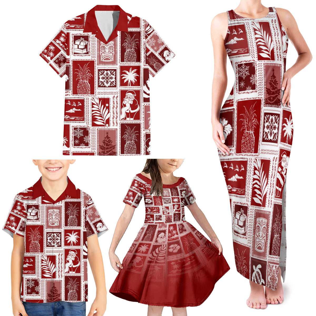 Hawaii Christmas Retro Patchwork Family Matching Tank Maxi Dress and Hawaiian Shirt Red - Wonder Print Shop