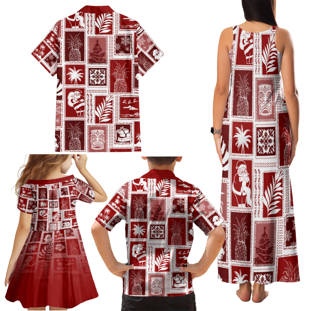 Hawaii Christmas Retro Patchwork Family Matching Tank Maxi Dress and Hawaiian Shirt Red - Wonder Print Shop