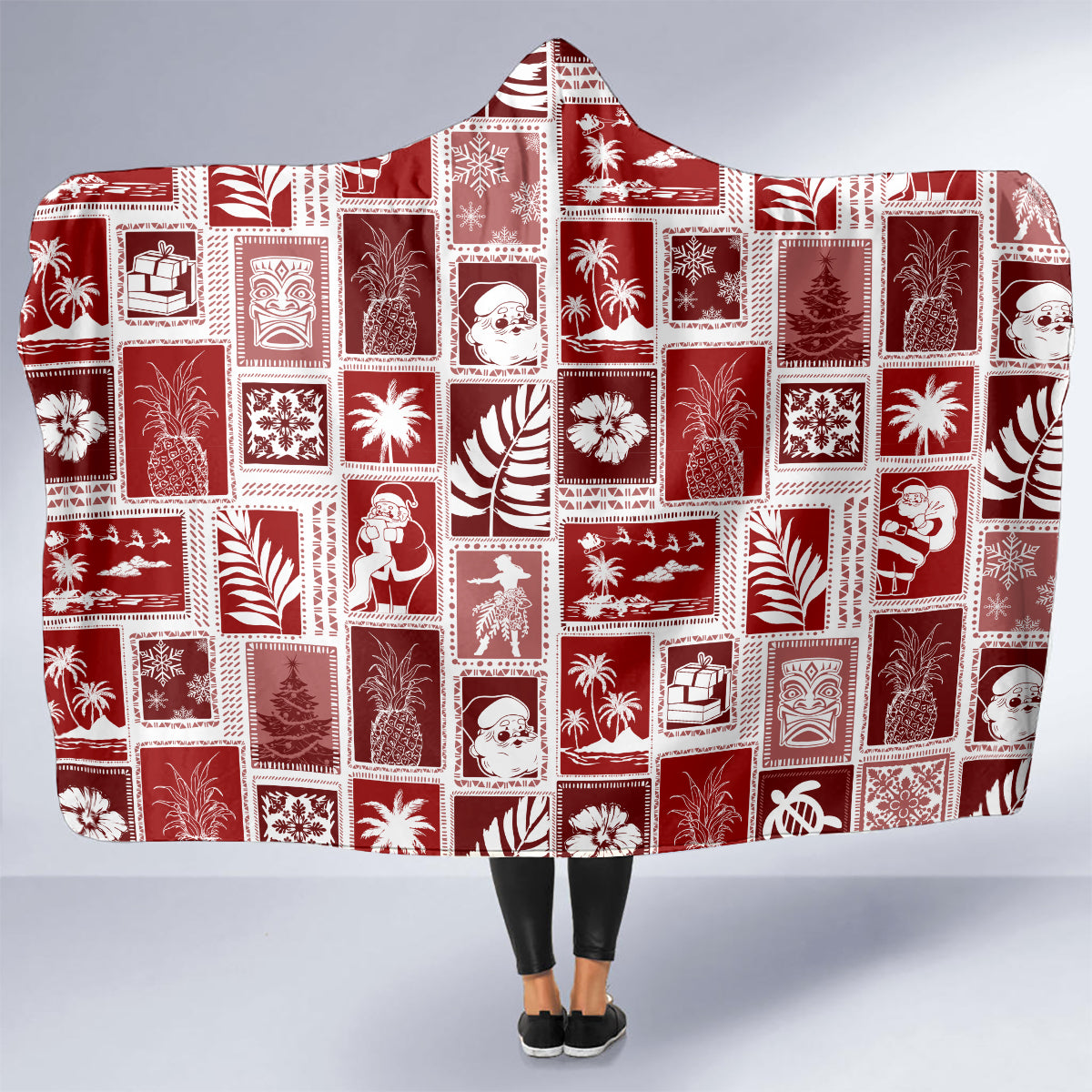 hawaii-christmas-retro-patchwork-hooded-blanket-red