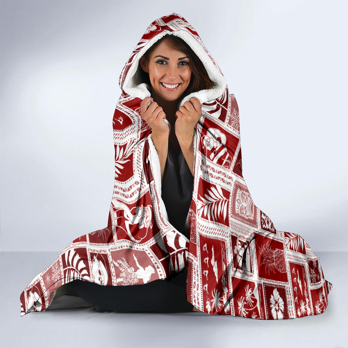 hawaii-christmas-retro-patchwork-hooded-blanket-red