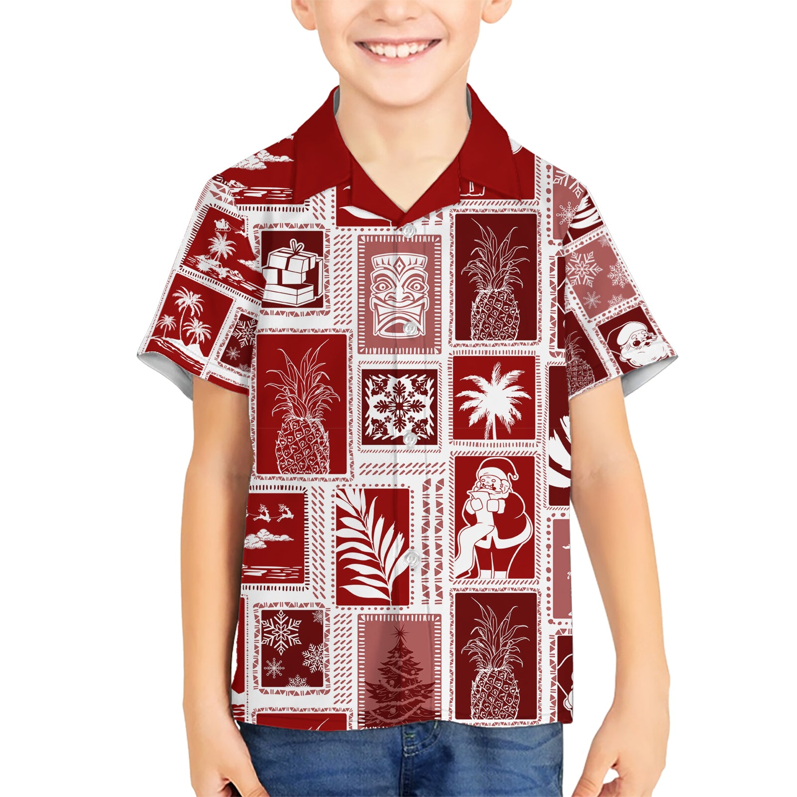 Hawaii Christmas Retro Patchwork Kid Hawaiian Shirt Red - Wonder Print Shop