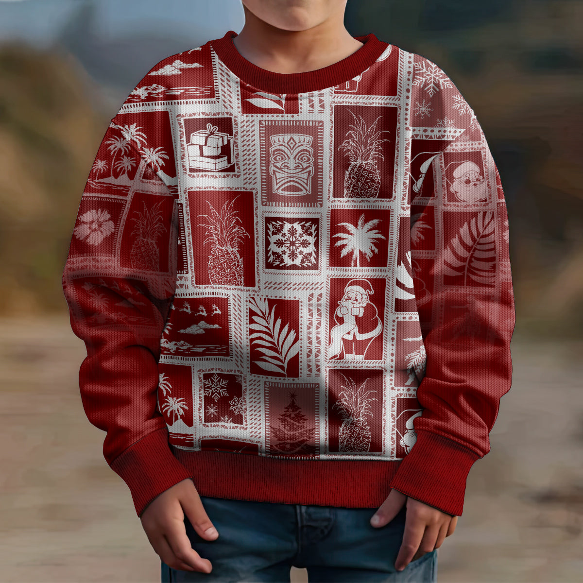 Hawaii Christmas Kid Ugly Christmas Sweater Retro Patchwork - Red - Wonder Print Shop