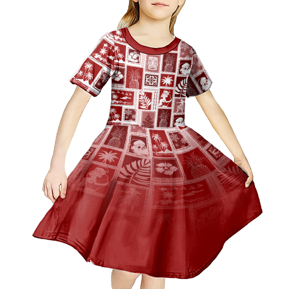 Hawaii Christmas Retro Patchwork Kid Short Sleeve Dress Red - Wonder Print Shop