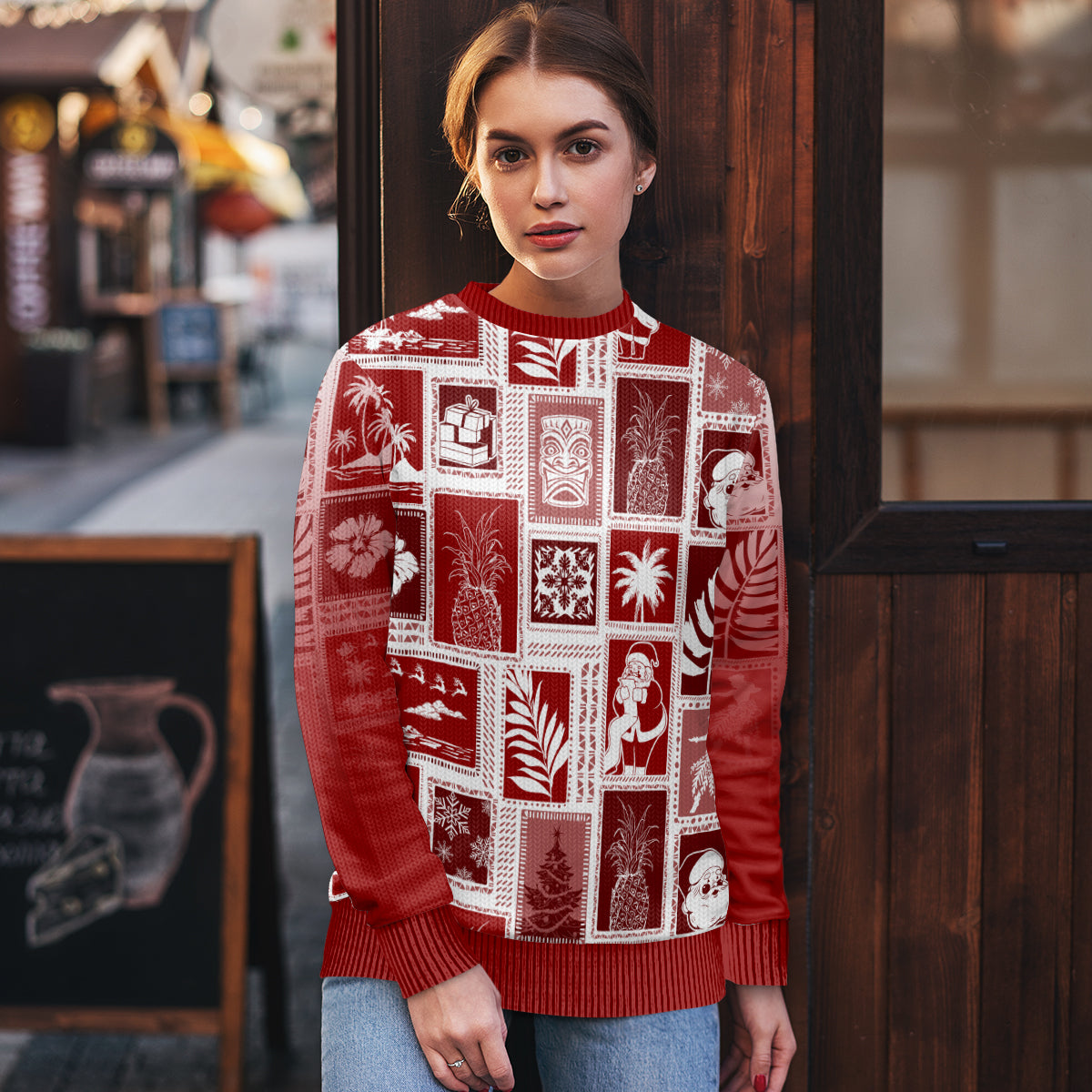Hawaii Christmas Ugly Christmas Sweater Retro Patchwork - Red - Wonder Print Shop