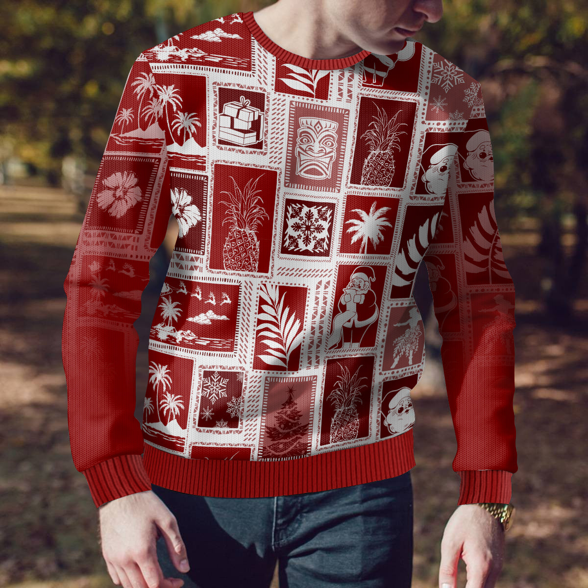 Hawaii Christmas Ugly Christmas Sweater Retro Patchwork - Red - Wonder Print Shop