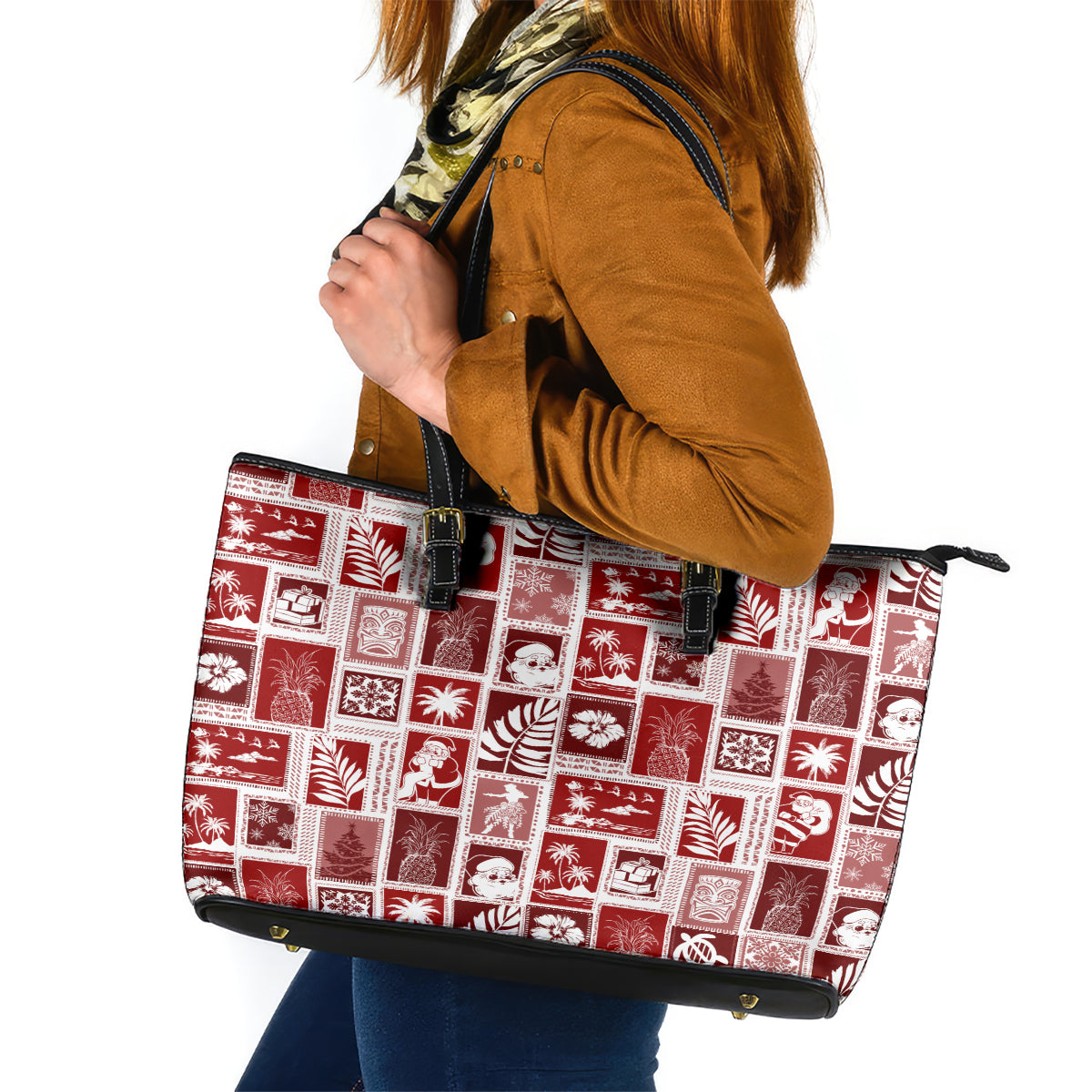 Hawaii Christmas Retro Patchwork Leather Tote Bag Red - Wonder Print Shop