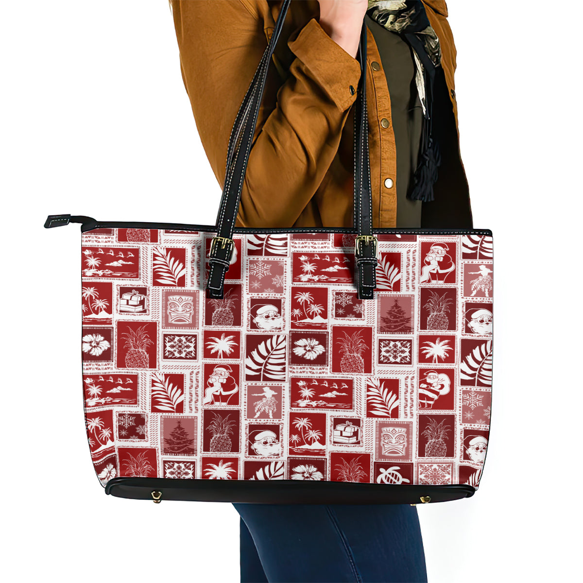 Hawaii Christmas Retro Patchwork Leather Tote Bag Red - Wonder Print Shop