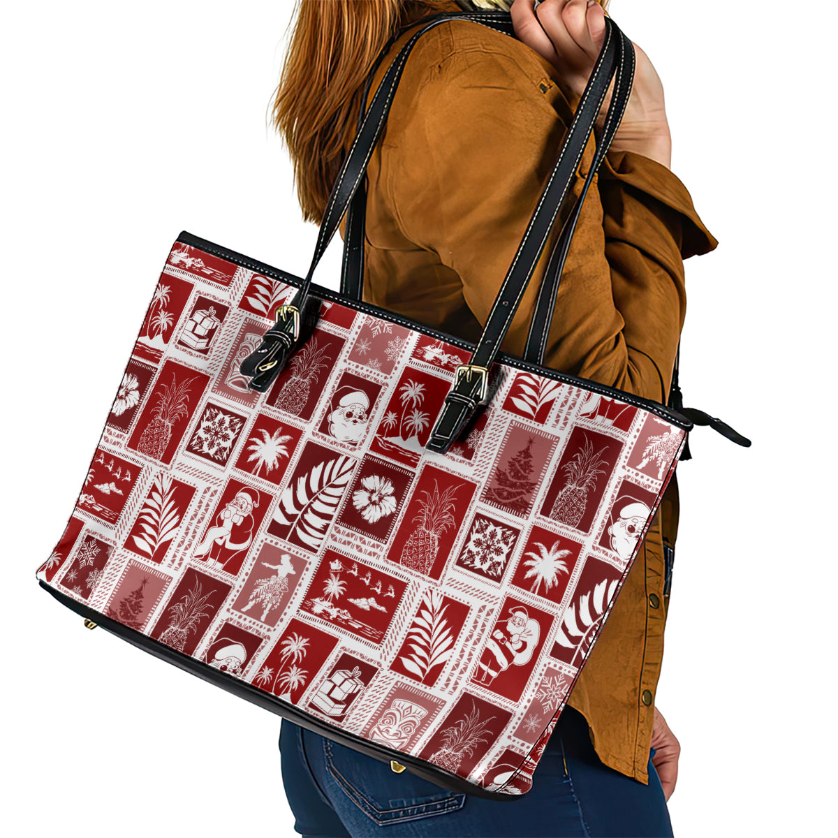 Hawaii Christmas Retro Patchwork Leather Tote Bag Red - Wonder Print Shop