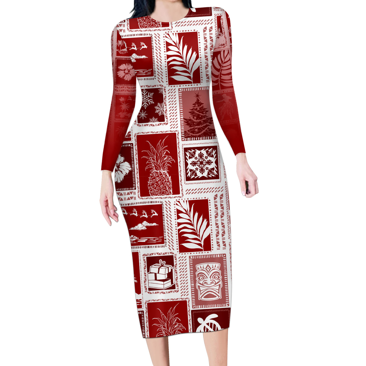 Hawaii Christmas Retro Patchwork Long Sleeve Bodycon Dress Red - Wonder Print Shop