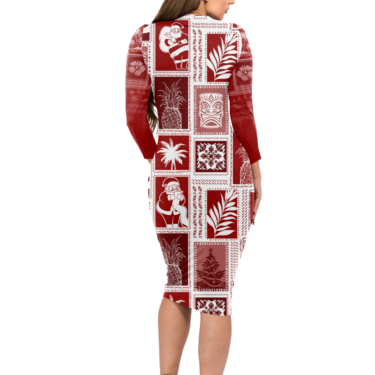 Hawaii Christmas Retro Patchwork Long Sleeve Bodycon Dress Red - Wonder Print Shop