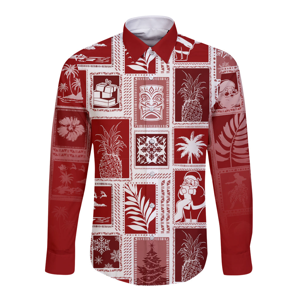 Hawaii Christmas Retro Patchwork Long Sleeve Button Shirt Red - Wonder Print Shop