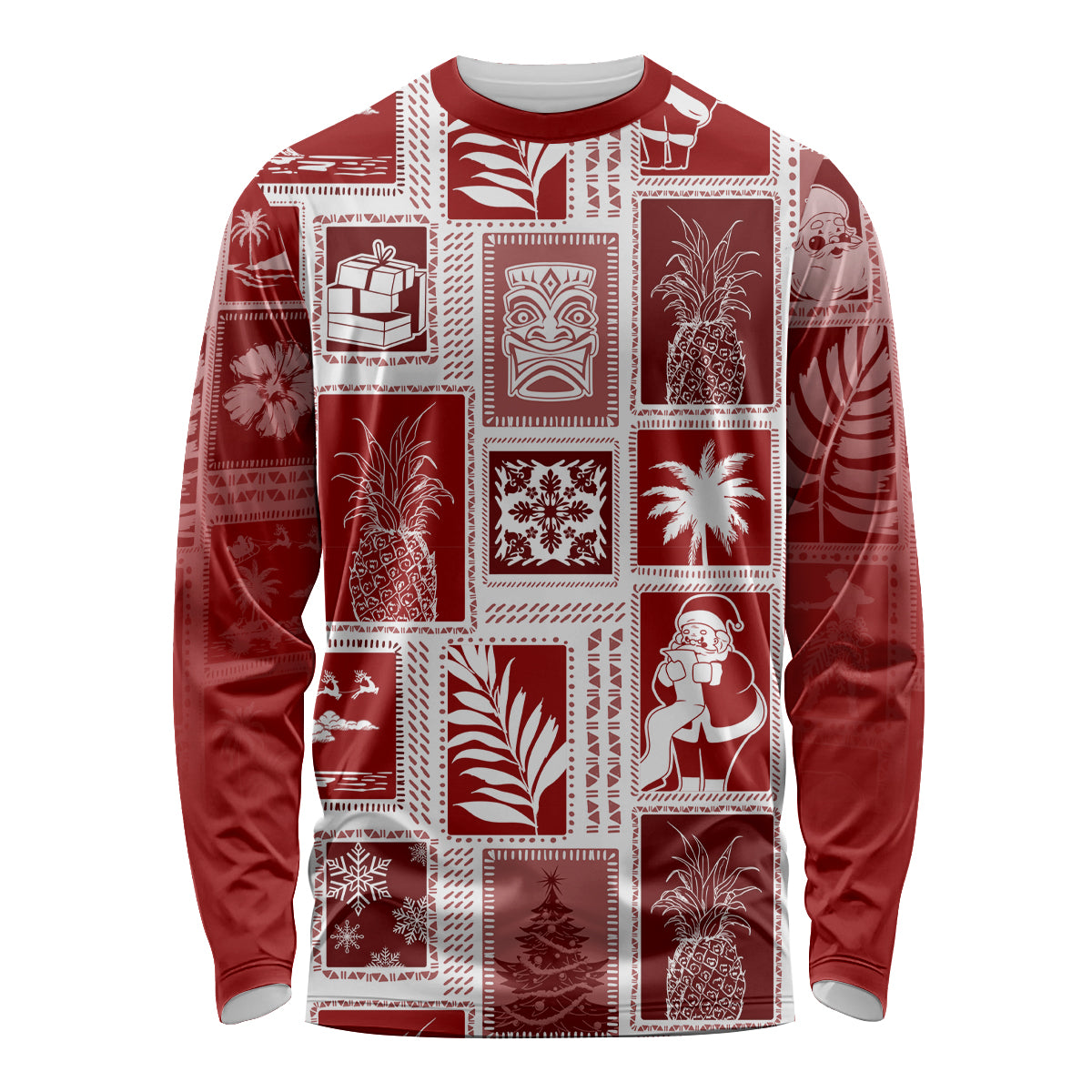 Hawaii Christmas Retro Patchwork Long Sleeve Shirt Red - Wonder Print Shop