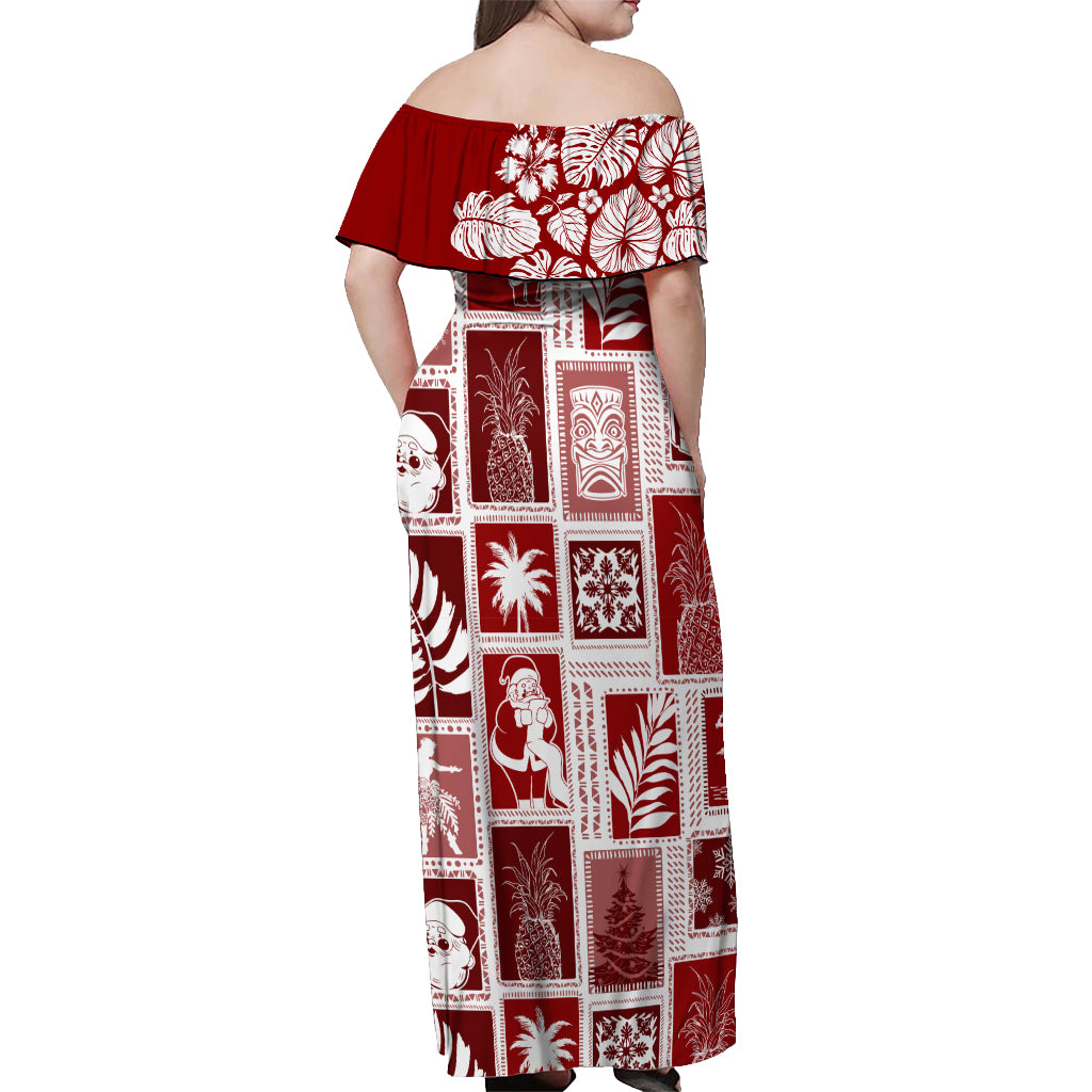 Hawaii Christmas Retro Patchwork Off Shoulder Maxi Dress Red - Wonder Print Shop
