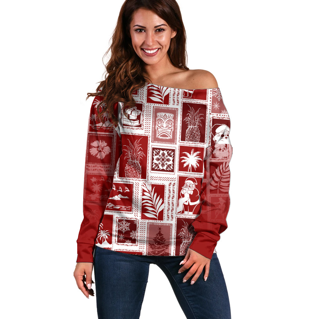 Hawaii Christmas Retro Patchwork Off Shoulder Sweater Red - Wonder Print Shop