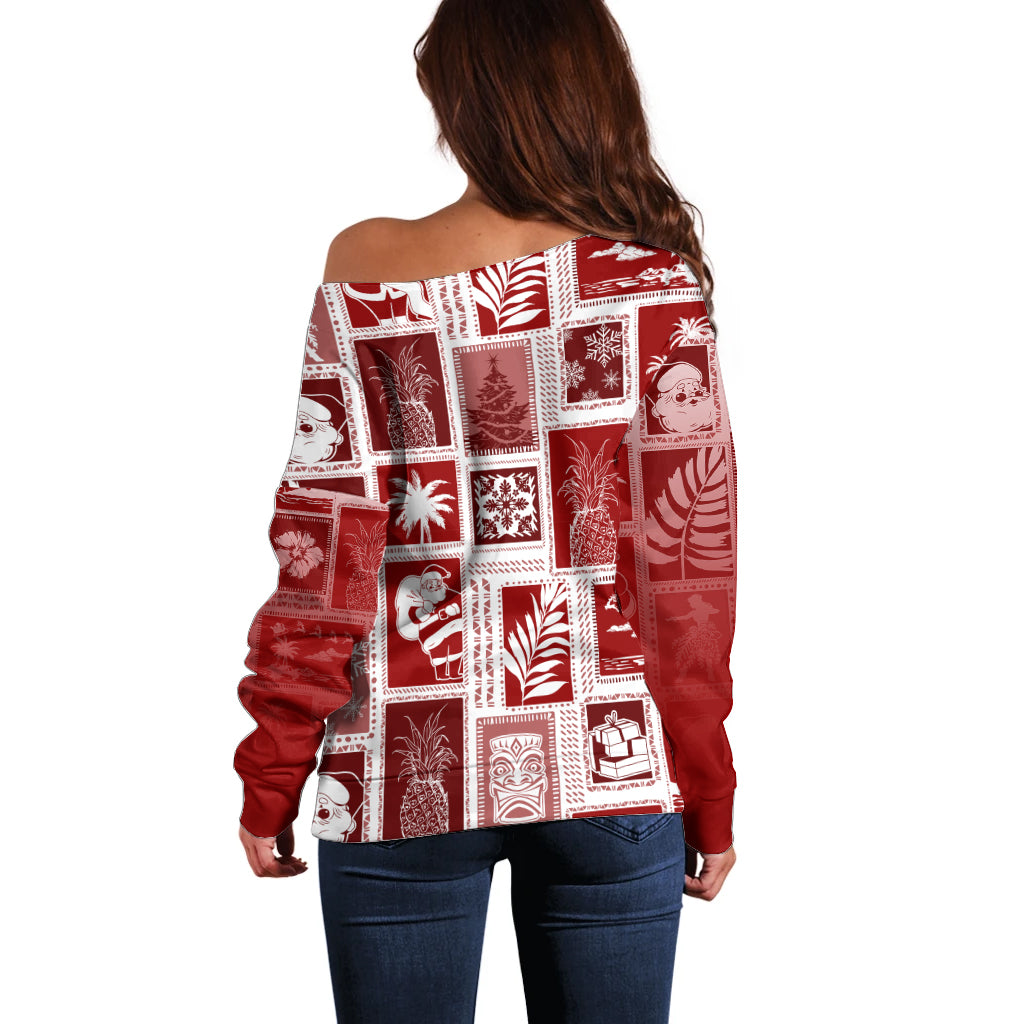 Hawaii Christmas Retro Patchwork Off Shoulder Sweater Red - Wonder Print Shop