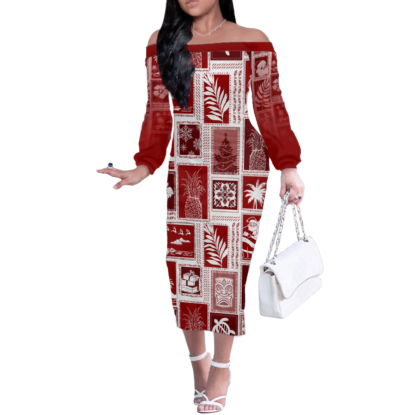 Hawaii Christmas Retro Patchwork Off The Shoulder Long Sleeve Dress Red - Wonder Print Shop
