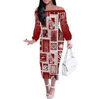 Hawaii Christmas Retro Patchwork Off The Shoulder Long Sleeve Dress Red - Wonder Print Shop