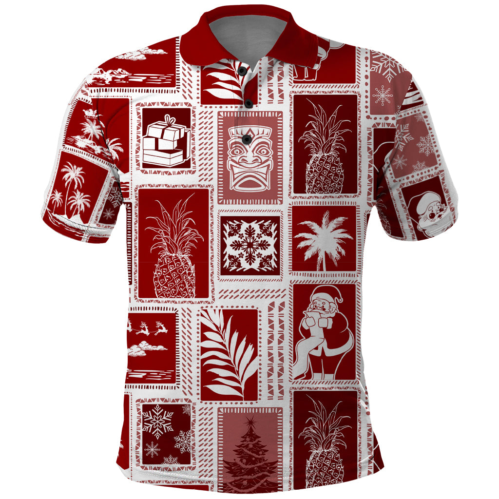 Hawaii Christmas Retro Patchwork Polo Shirt Red - Wonder Print Shop