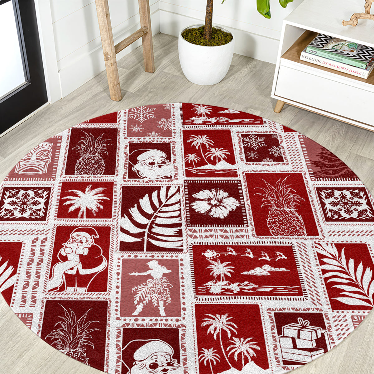 hawaii-christmas-retro-patchwork-round-carpet-red