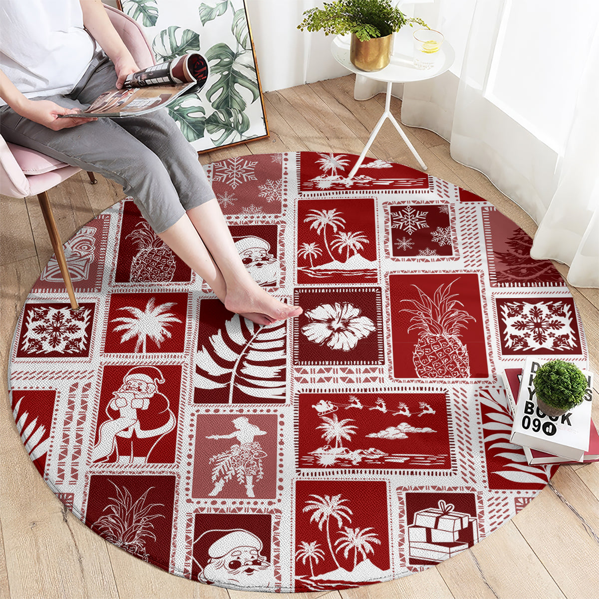 hawaii-christmas-retro-patchwork-round-carpet-red