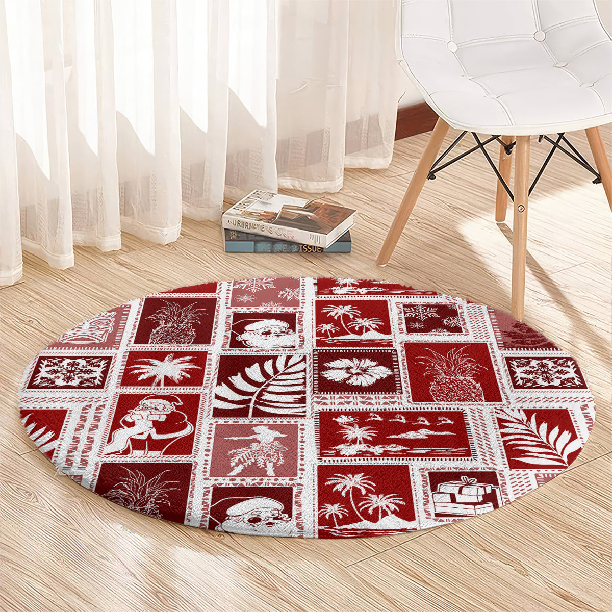 hawaii-christmas-retro-patchwork-round-carpet-red