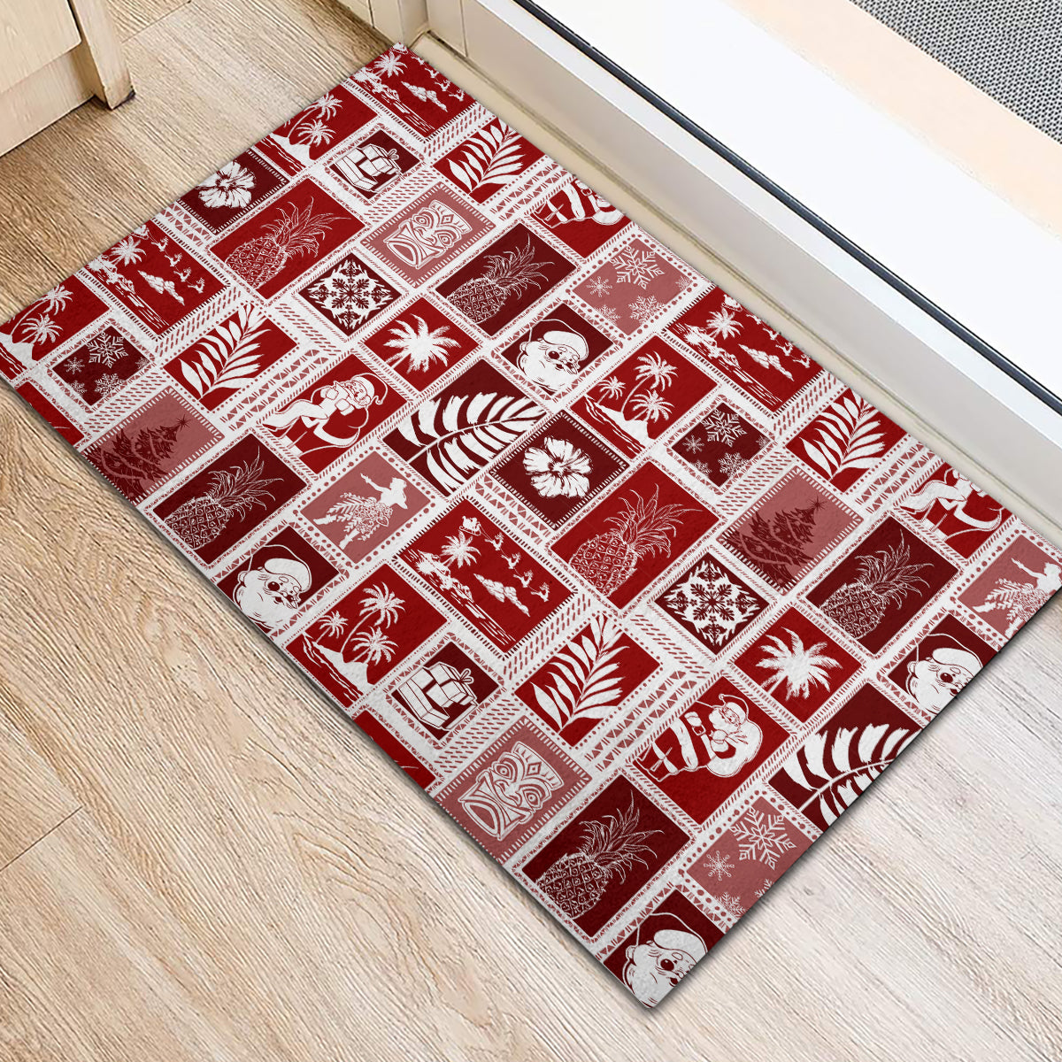 Hawaii Christmas Retro Patchwork Rubber Doormat Red - Wonder Print Shop